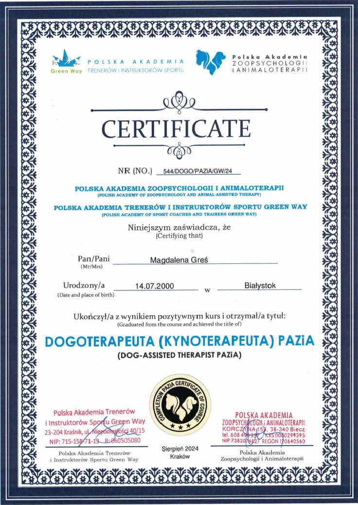 Certyfikat Dogoterapeuta Kynoterapeuta