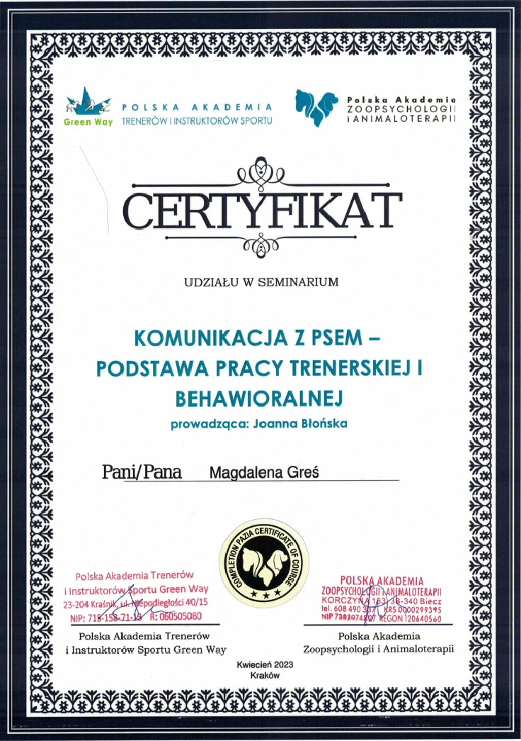 Certyfikat Komunikacja z psem