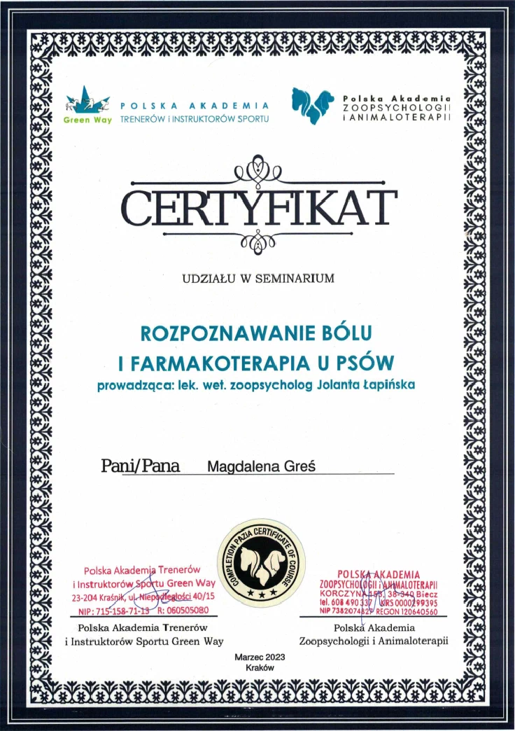 Certyfikat Rozpoznawanie bólu i farmakoterapia