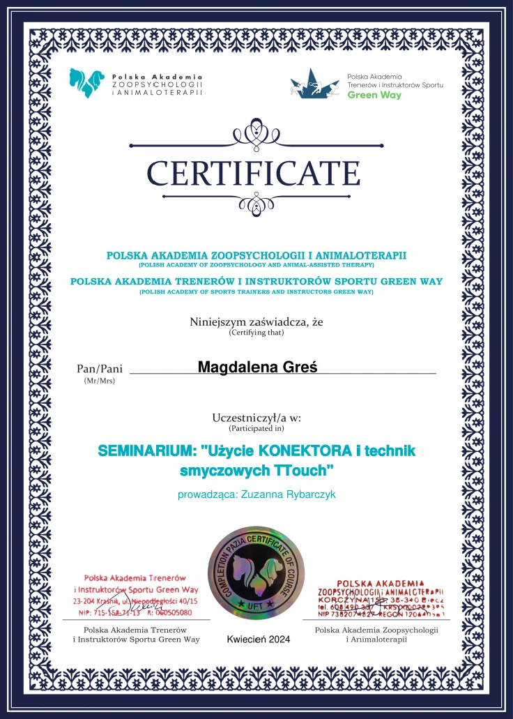 Certyfikat Techniki smyczowe TTouch