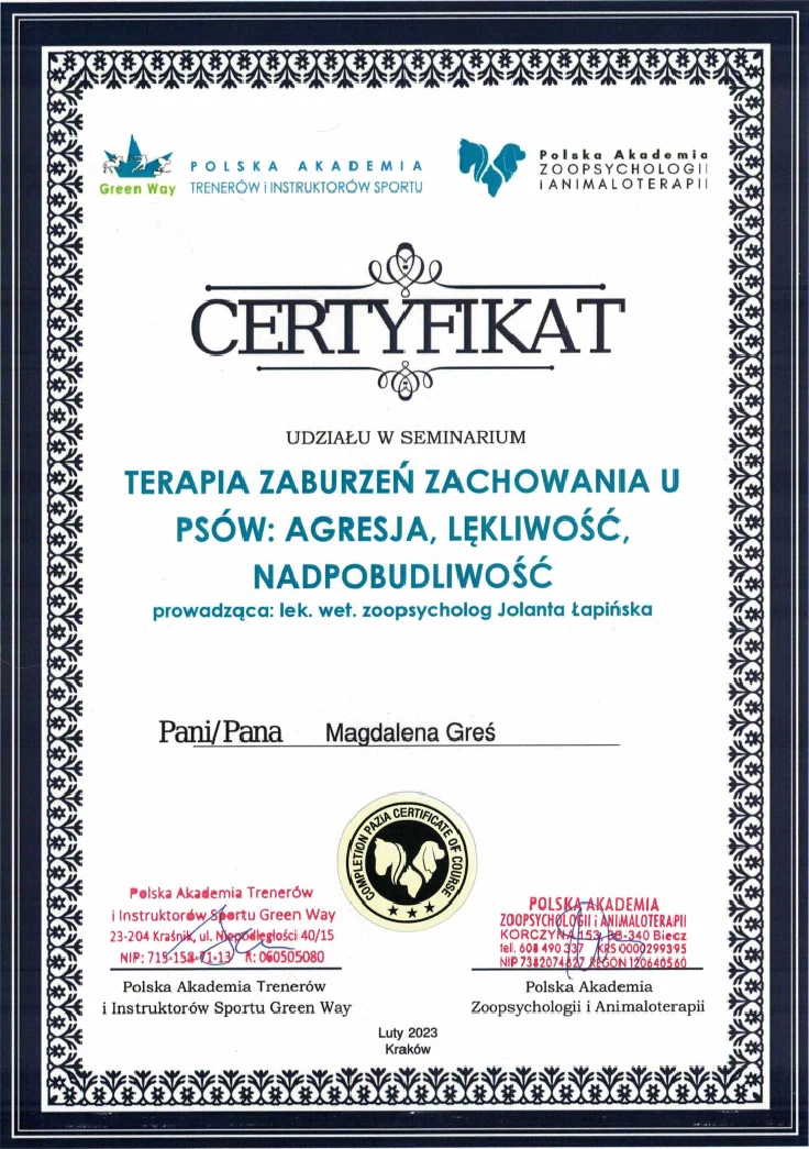 Certyfikat Terapia zaburzeń zachowania