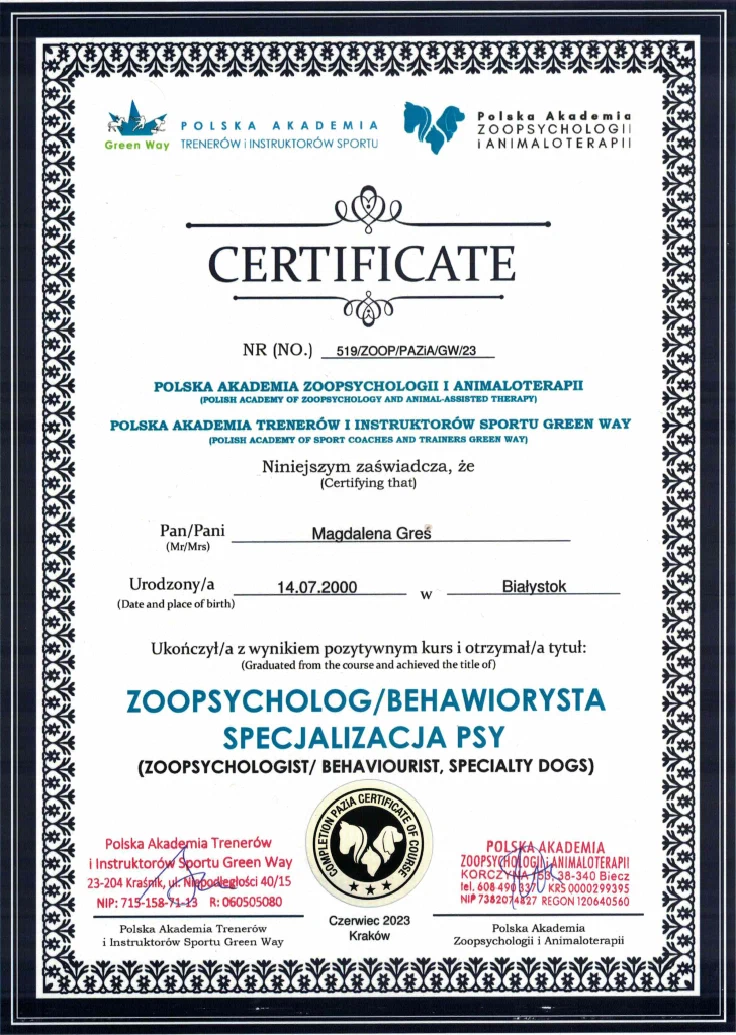 Certyfikat Zoopsycholog Behawiorysta Psy